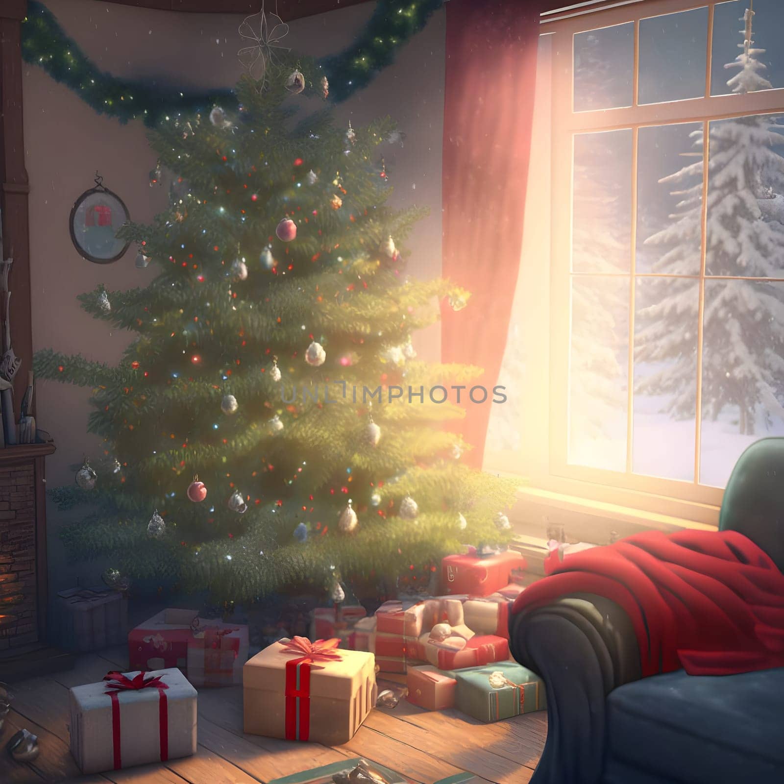decorated christmas tree with gifts underneath in cozy domestic interior, neural network generated art. Digitally generated image. Not based on any actual scene or pattern.