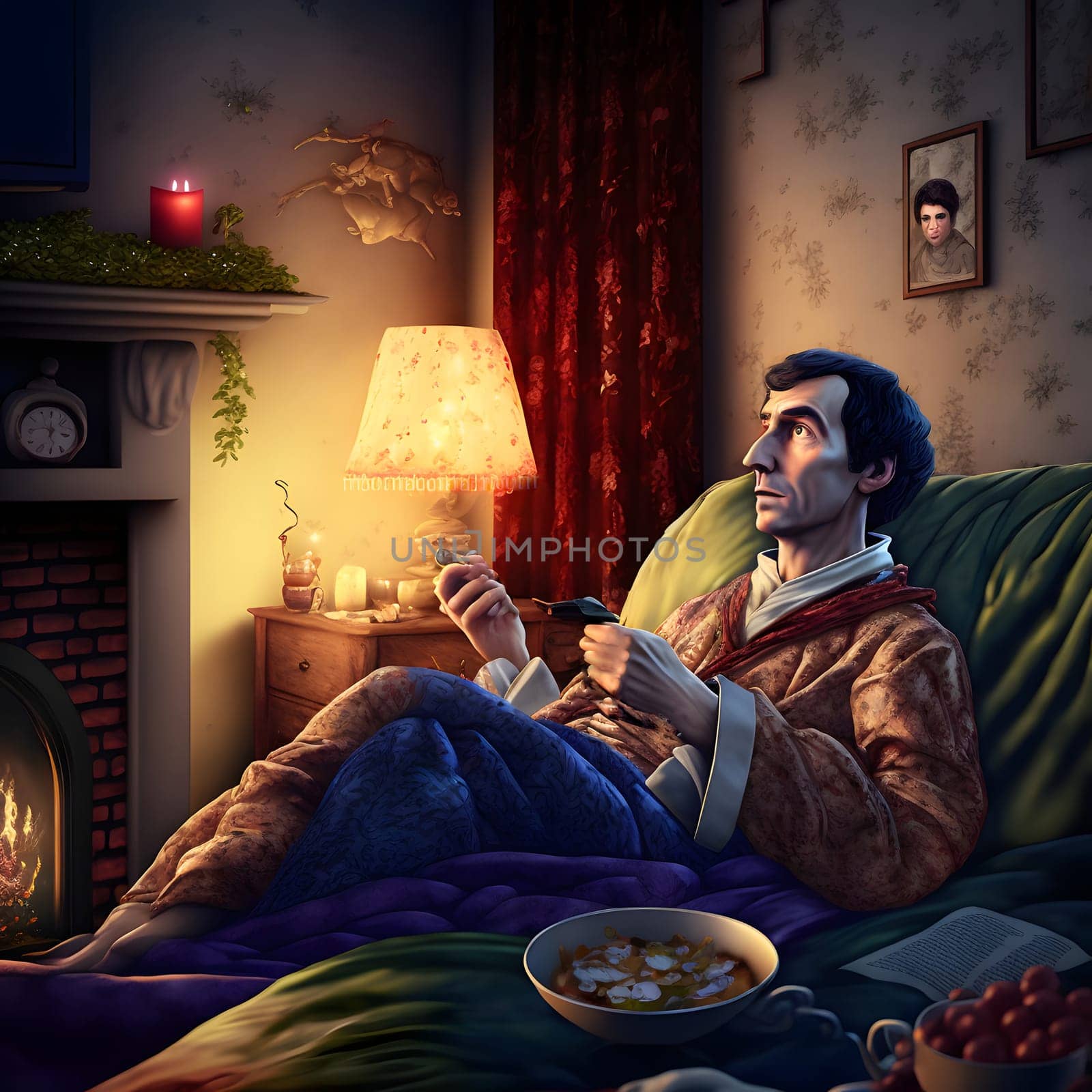 Sherlock Holmes watching tv on sofa wrapped in warm blanket, neural network generated art. Digitally generated image. Not based on any actual scene or pattern.