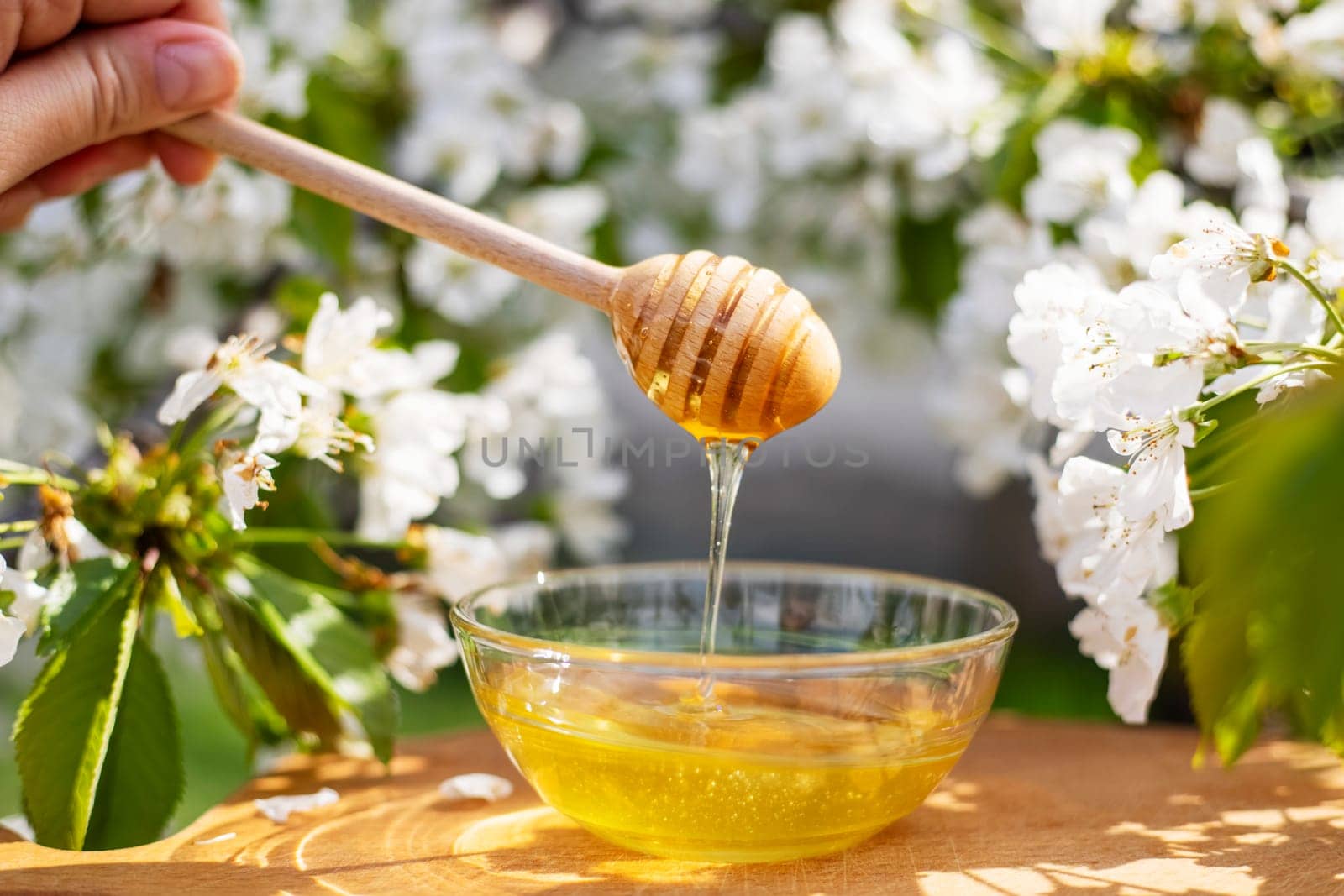 Fresh golden honey pours from a wooden dipper into a glass bowl, with blooming white flowers in the background.