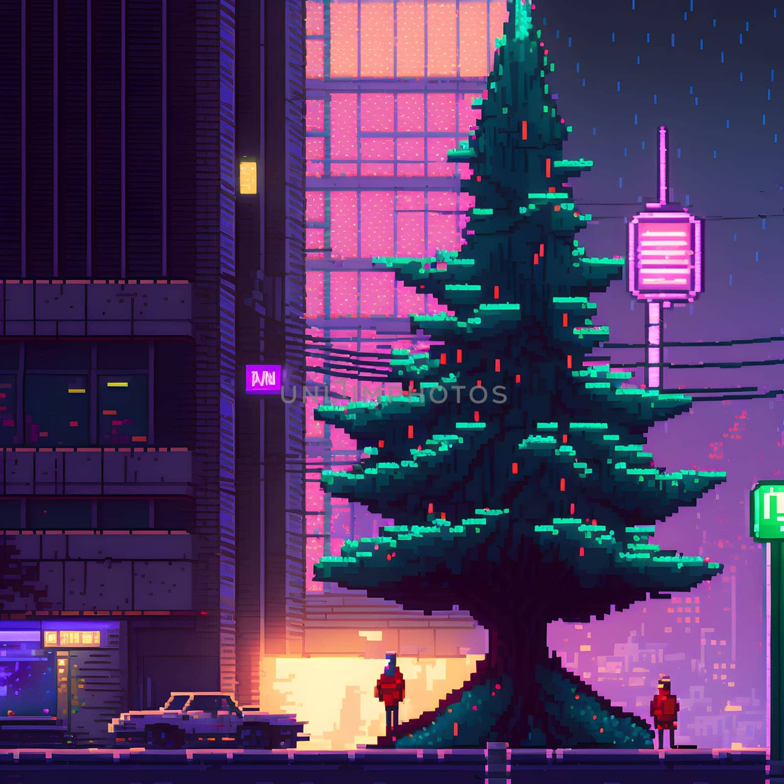 large decorated Christmas tree in city, pixel art, neural network generated. Digitally generated image. Not based on any actual scene or pattern.