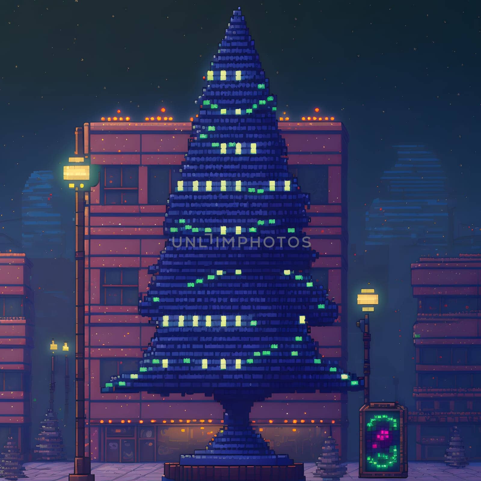 large decorated Christmas tree in city, pixel art, neural network generated. Digitally generated image. Not based on any actual scene or pattern.