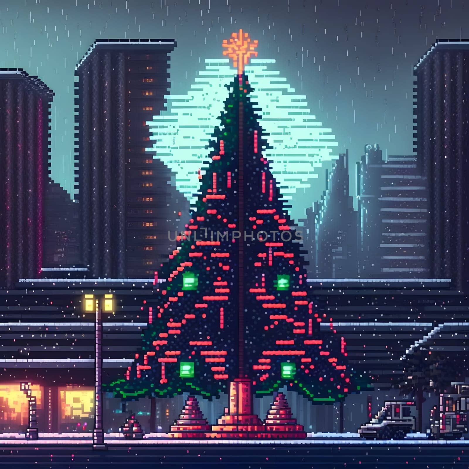 large decorated Christmas tree in city, pixel art, neural network generated. Digitally generated image. Not based on any actual scene or pattern.