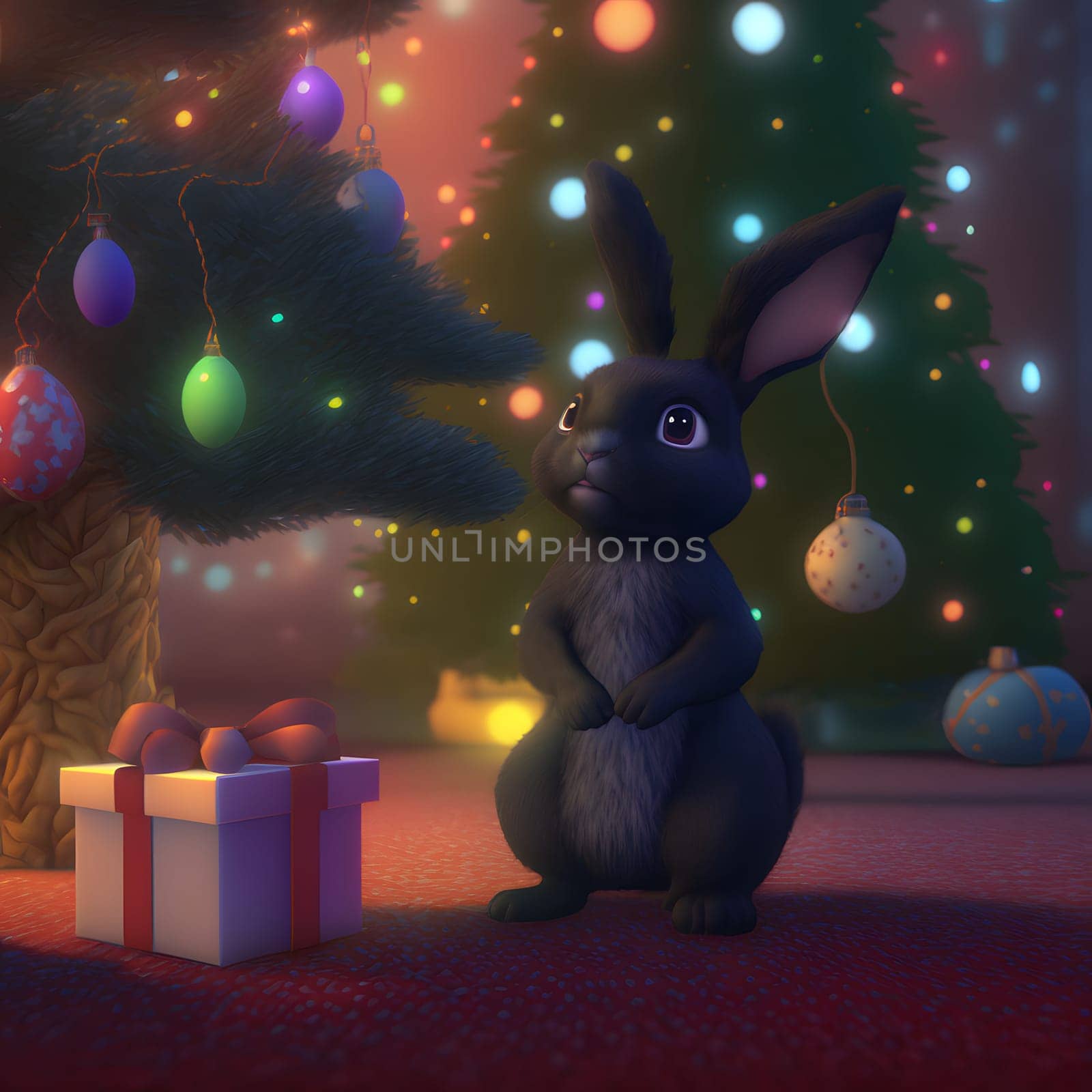 cartoonish cute black rabbit in front of decorated christmas tree near gift box, neural network generated art. Digitally generated image. Not based on any actual scene or pattern.