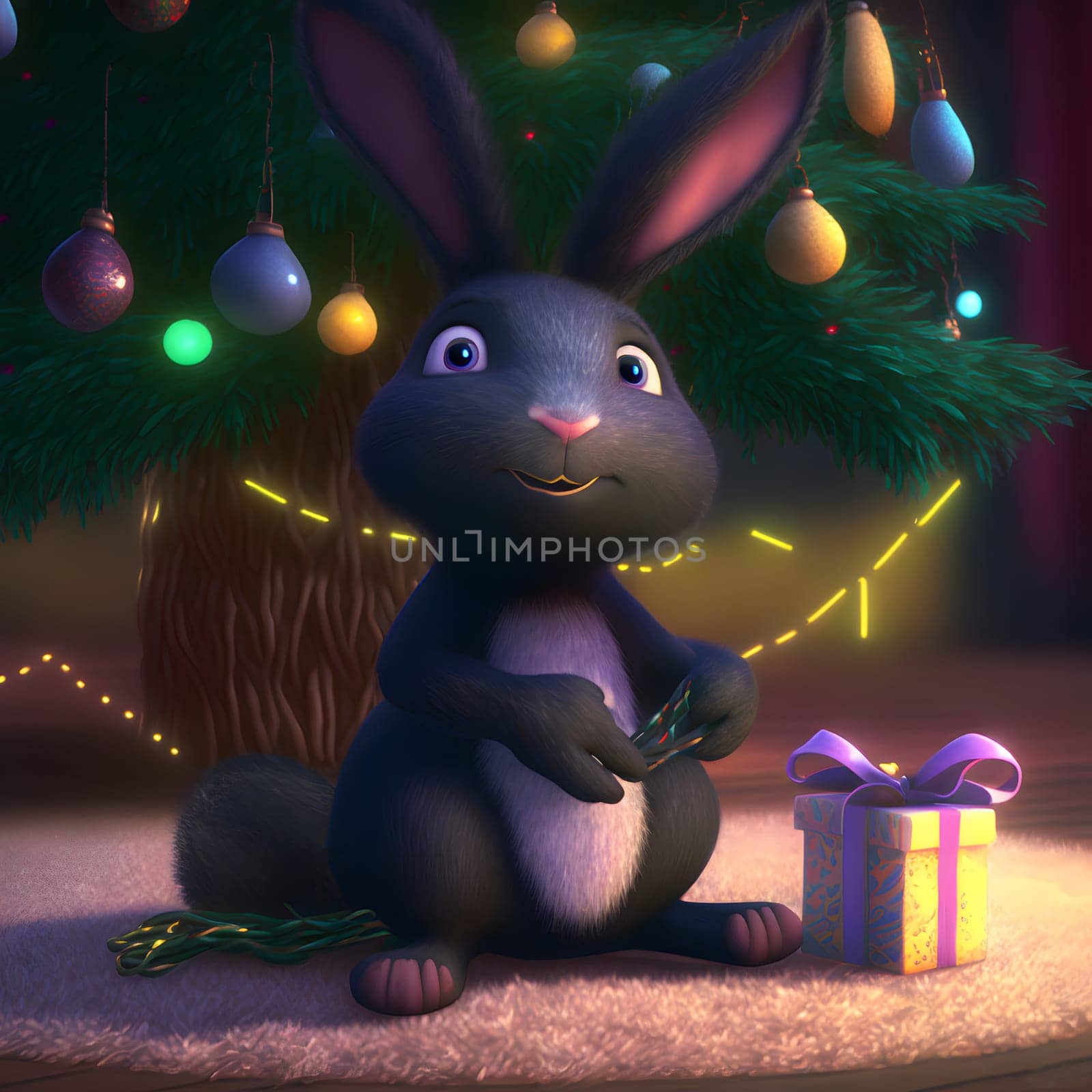 cartoonish black rabbit in front of decorated christmas tree near gift box, neural network generated art by z1b