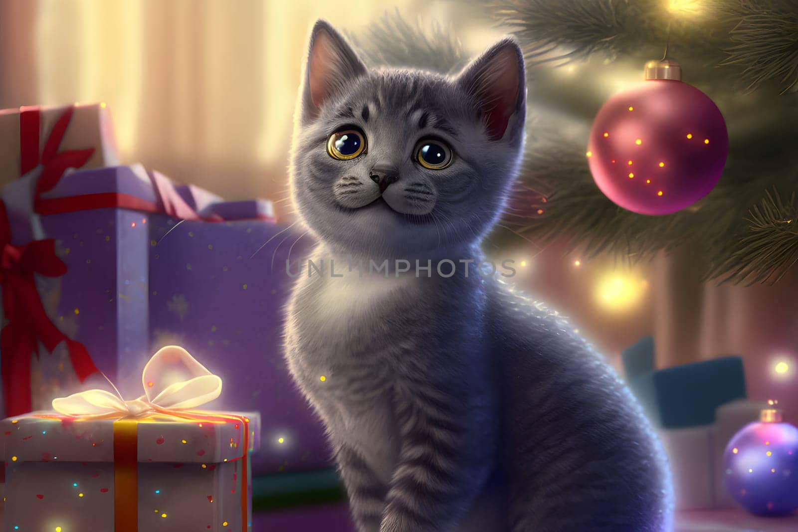 cute gray kitten with gift in front of decorated christmas tree, neural network generated art. Digitally generated image. Not based on any actual scene or pattern.