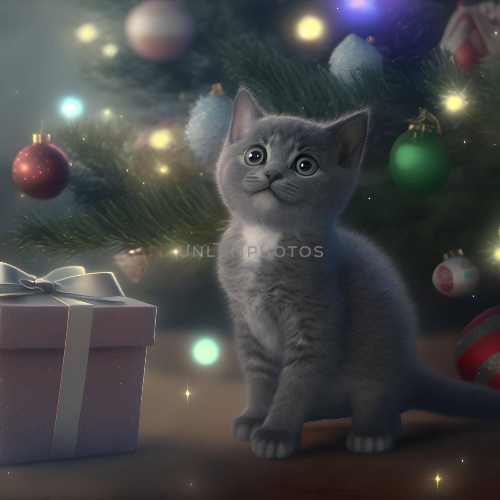 cute gray kitten with gift in front of decorated christmas tree, neural network generated art by z1b