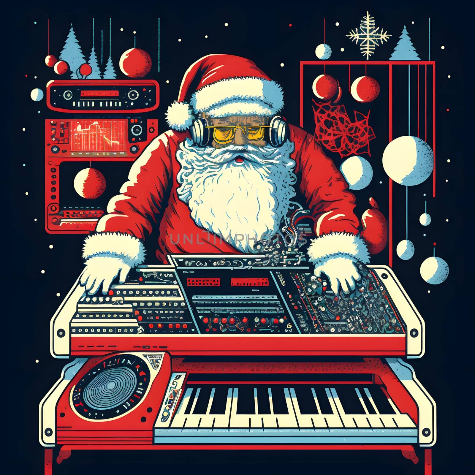 santa claus playing on analog synthesizer, 2d poster style, neural network generated art by z1b