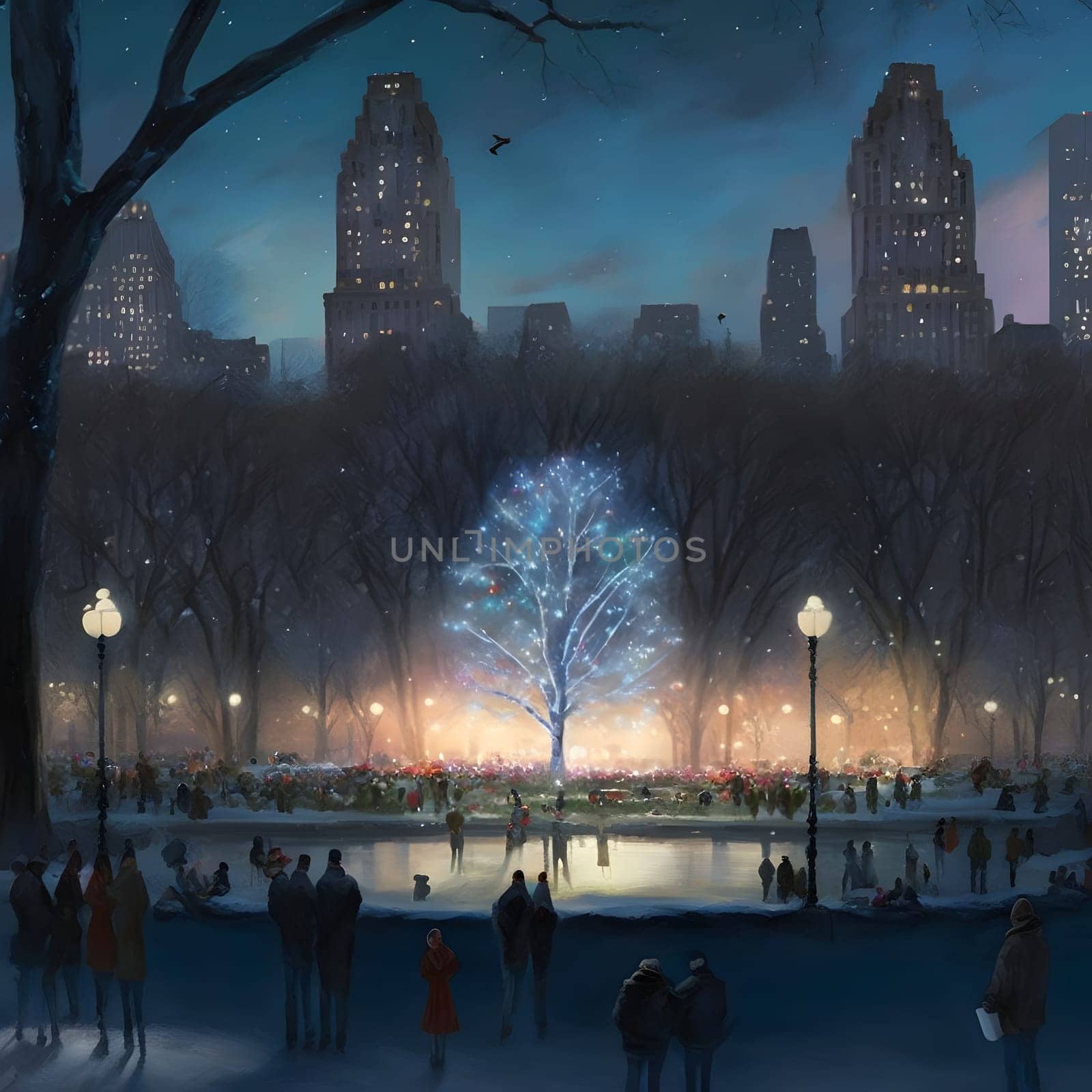 illuminated central park at christmas night, many people around, christmas tree in the middle, neural network generated art by z1b