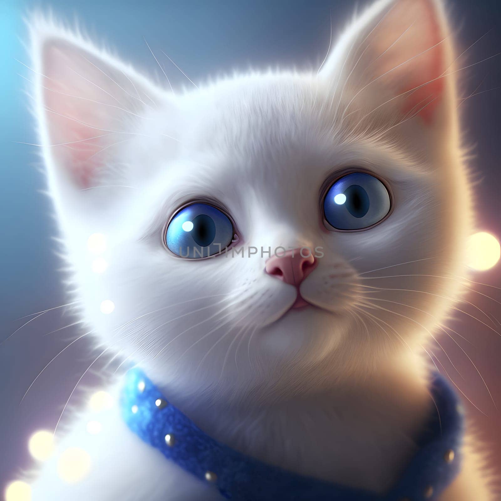 cute fluffy white kitten with blue eyes and blue collar, close-up portrait, neural network generated art. Digitally generated image. Not based on any actual person, scene or pattern.