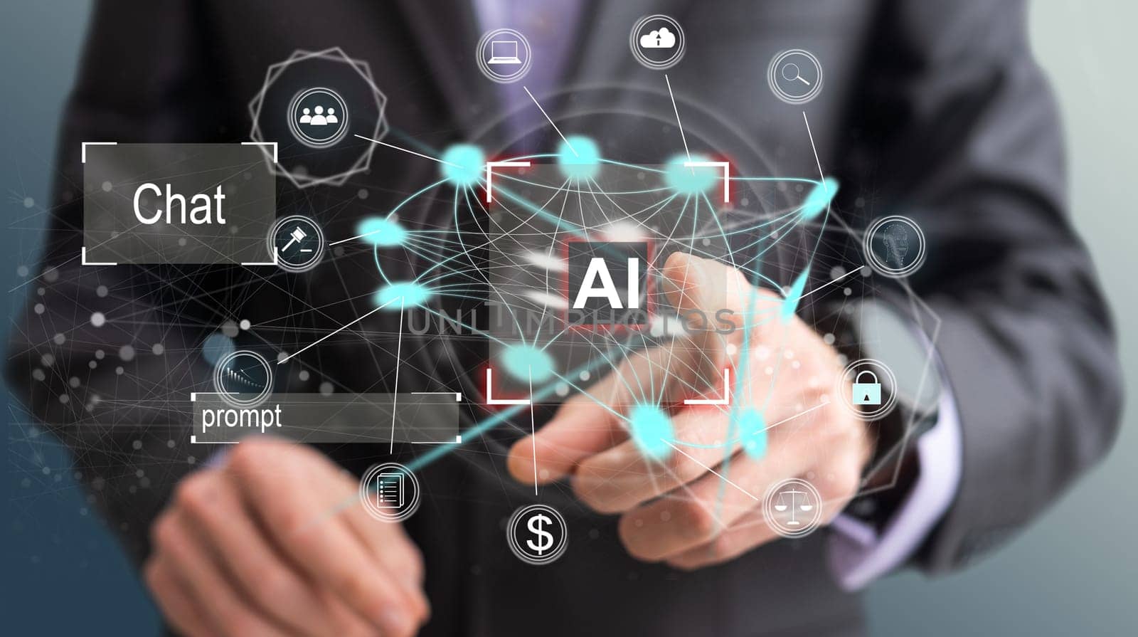 Artificial intelligence concept businessman holding ai on computer screen to using for in document management system and data analysis works by Andelov13