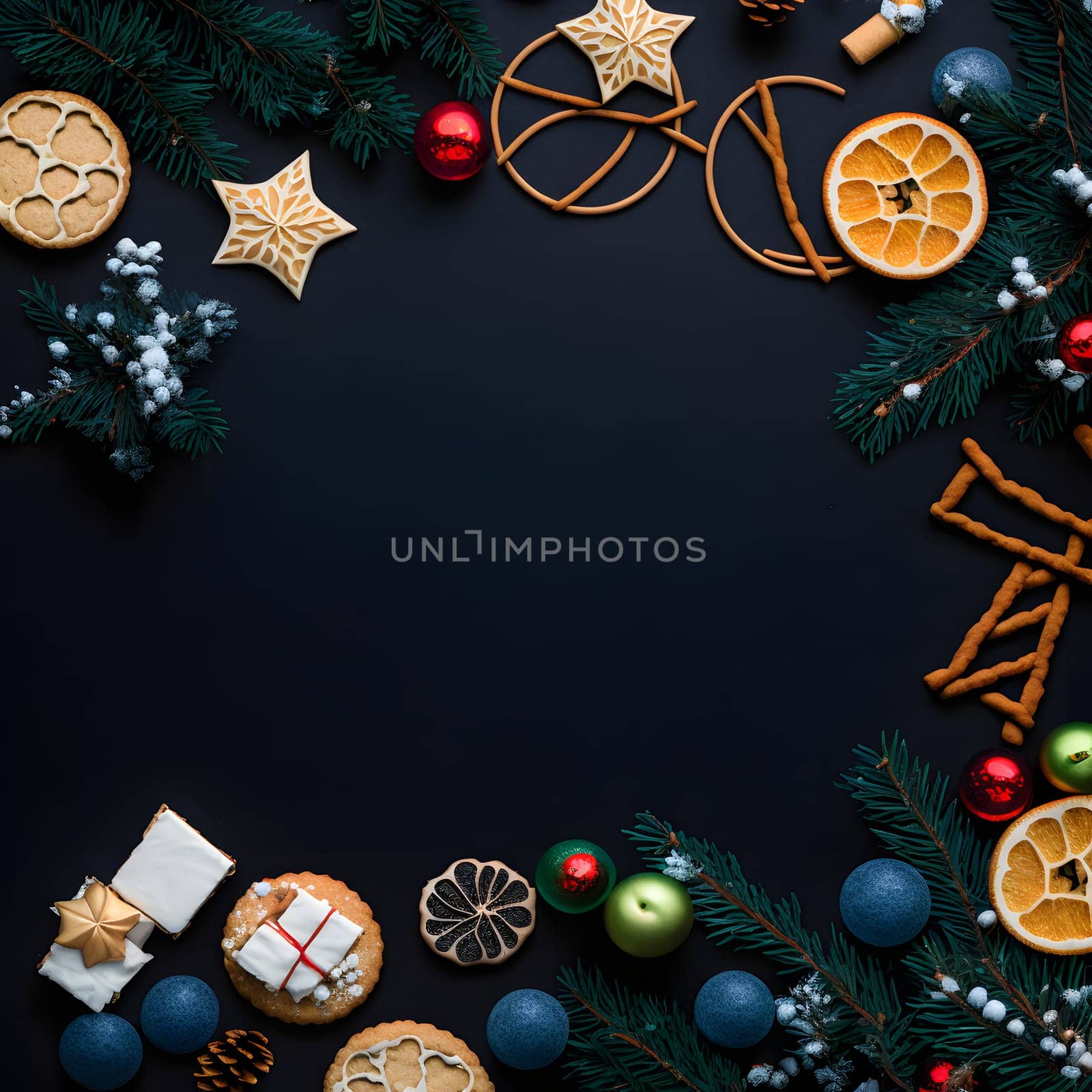 christmas items on flat black background in flat lay perspective, neural network generated art by z1b