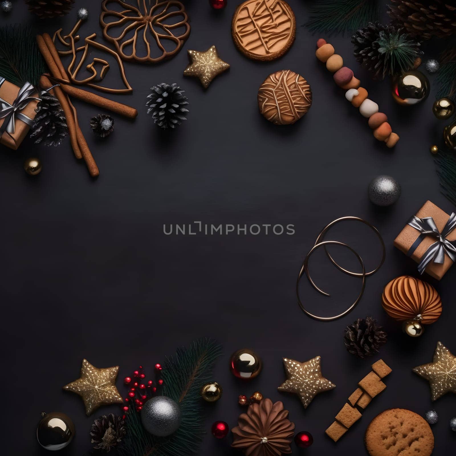 christmas items on flat black background in flat lay perspective, high algle view, neural network generated art. Digitally generated image. Not based on any actual person, scene or pattern.