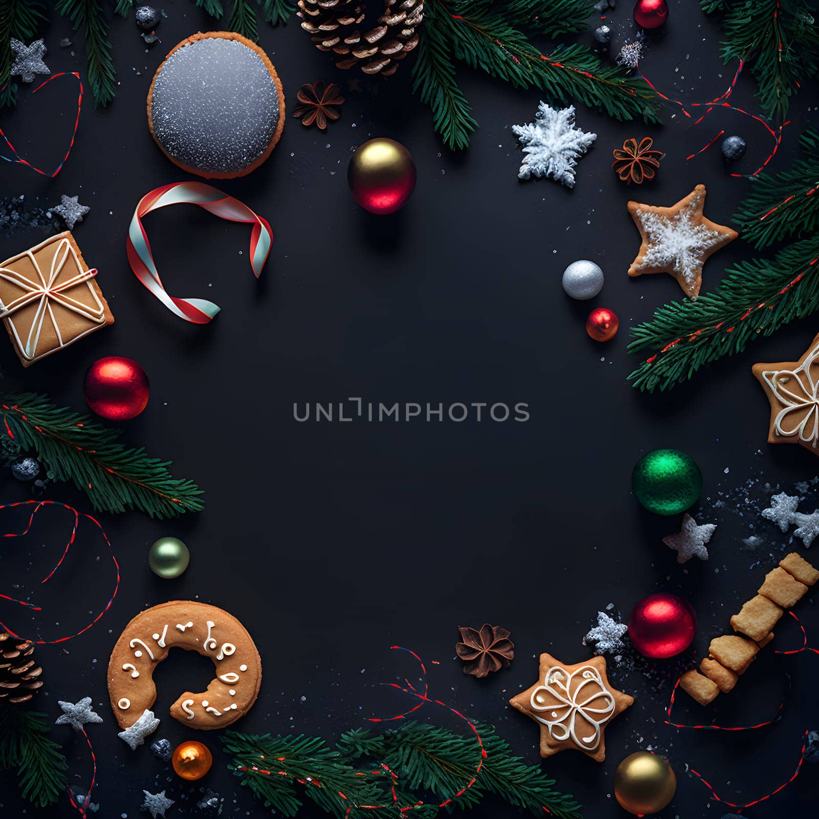 christmas items on flat black background in flat lay perspective, neural network generated art by z1b