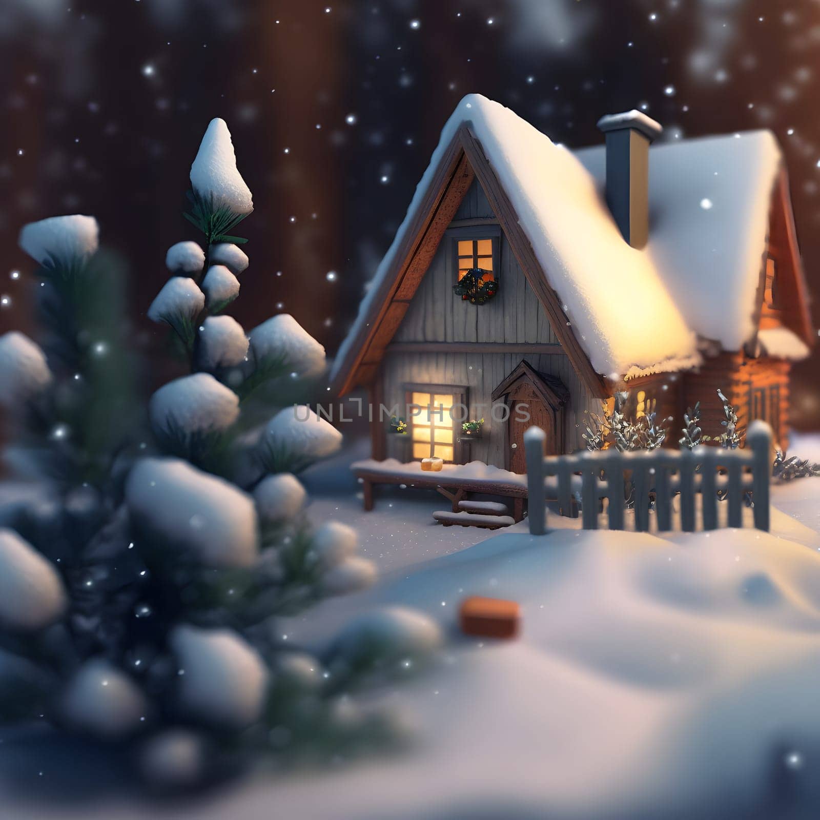 cozy small house at snowy winter night, neural network generated art by z1b