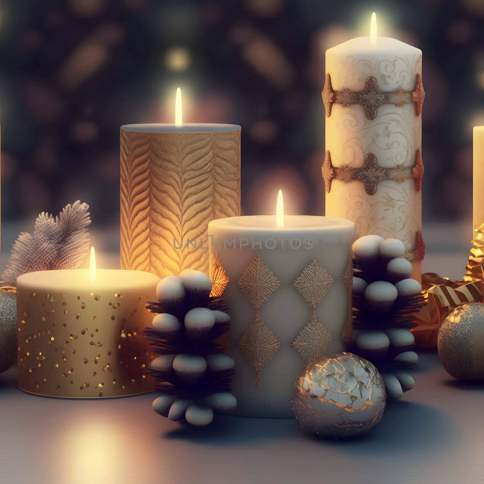 ornate thick christmas candles background, neural network generated art. Digitally generated image. Not based on any actual person, scene or pattern.