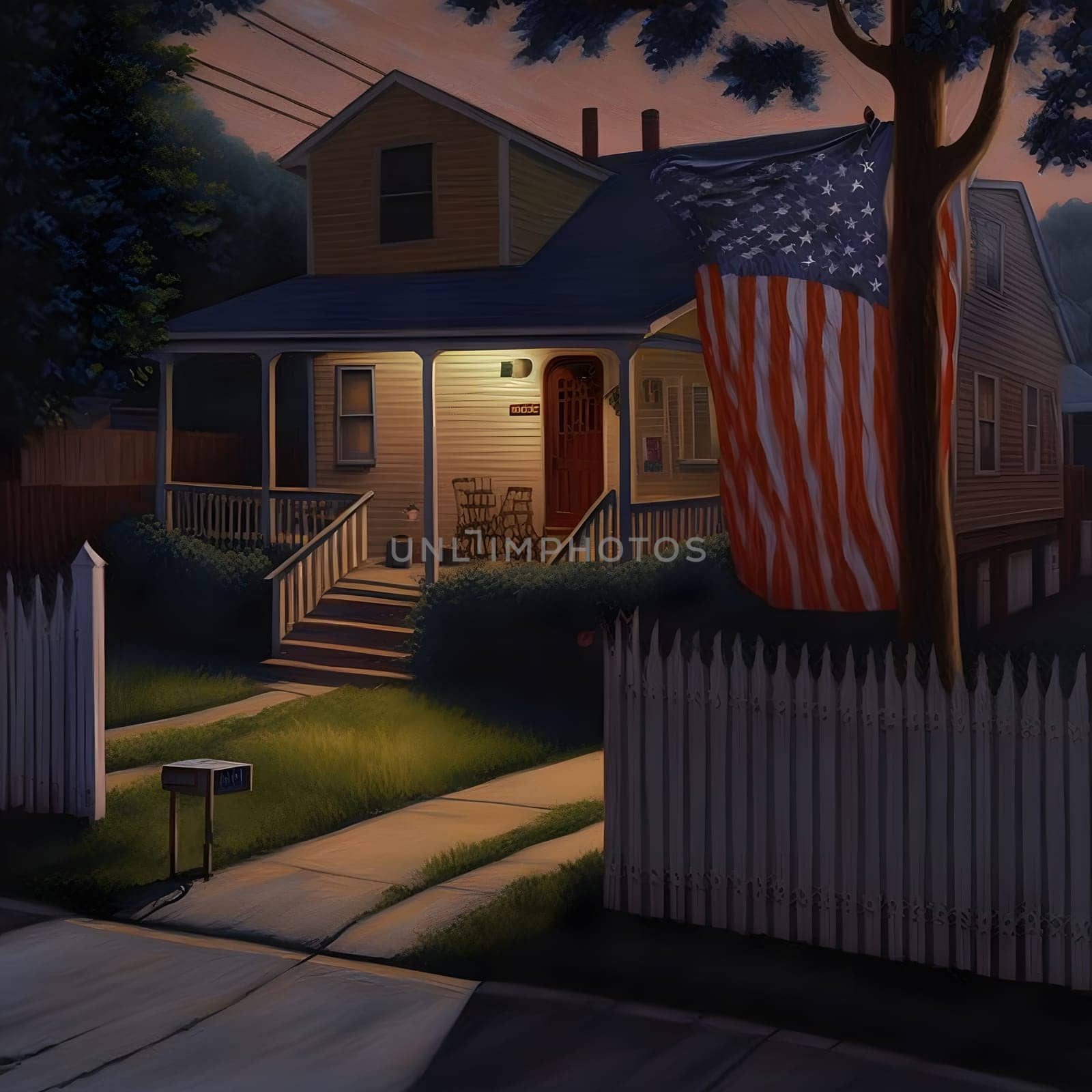 contemporary american dream - suburban house at evening, neural network generated art. Digitally generated image. Not based on any actual person, scene or pattern.