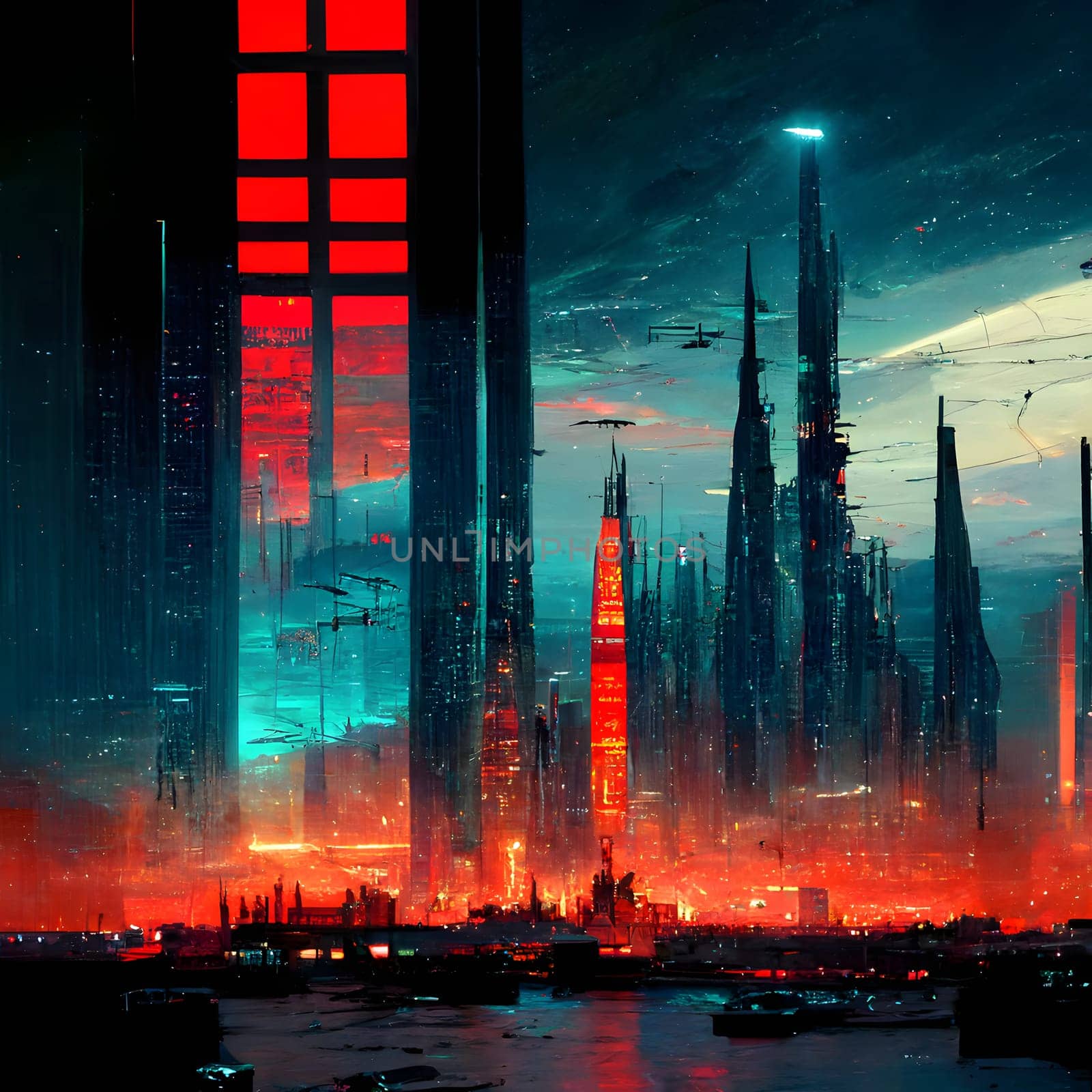 dystopian cyberpunk cityscape in red, cyan and black colors, neural network generated art. Digitally generated image. Not based on any actual person, scene or pattern.