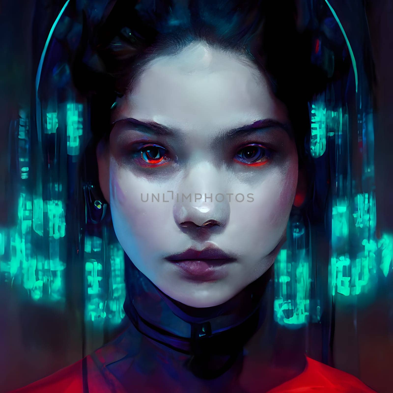 sci-fi cyber renaissance woman portrait, neural network generated art. Digitally generated image. Not based on any actual person, scene or pattern.