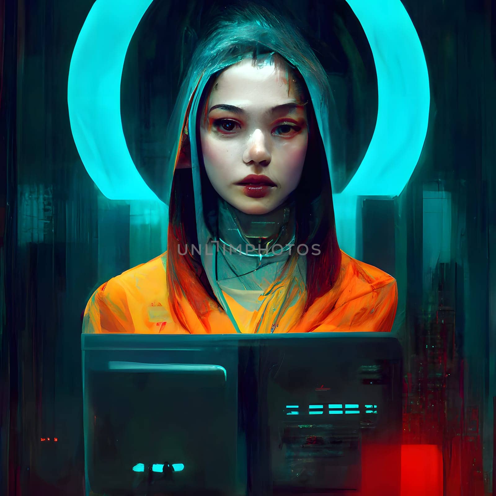 sci-fi cyber renaissance woman portrait in front of device monitor, neural network generated art. Digitally generated image. Not based on any actual person, scene or pattern.