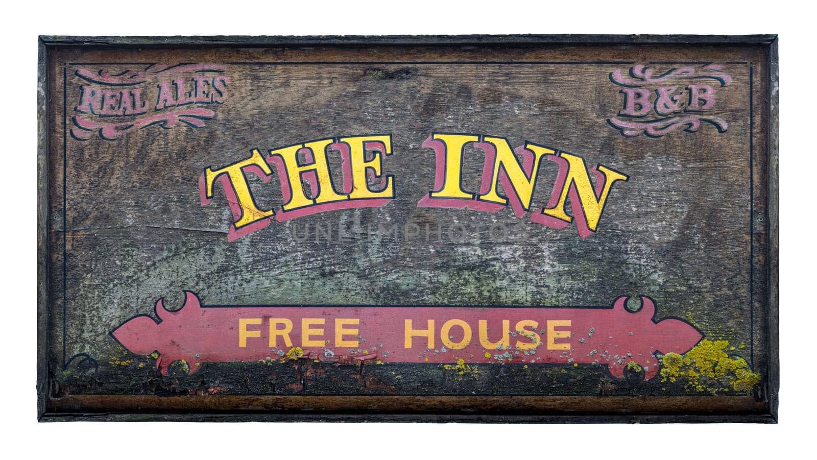 Rustic Old Sign For A Traditional (Not Real) Inn And Pub In England, Isolated On A White Background