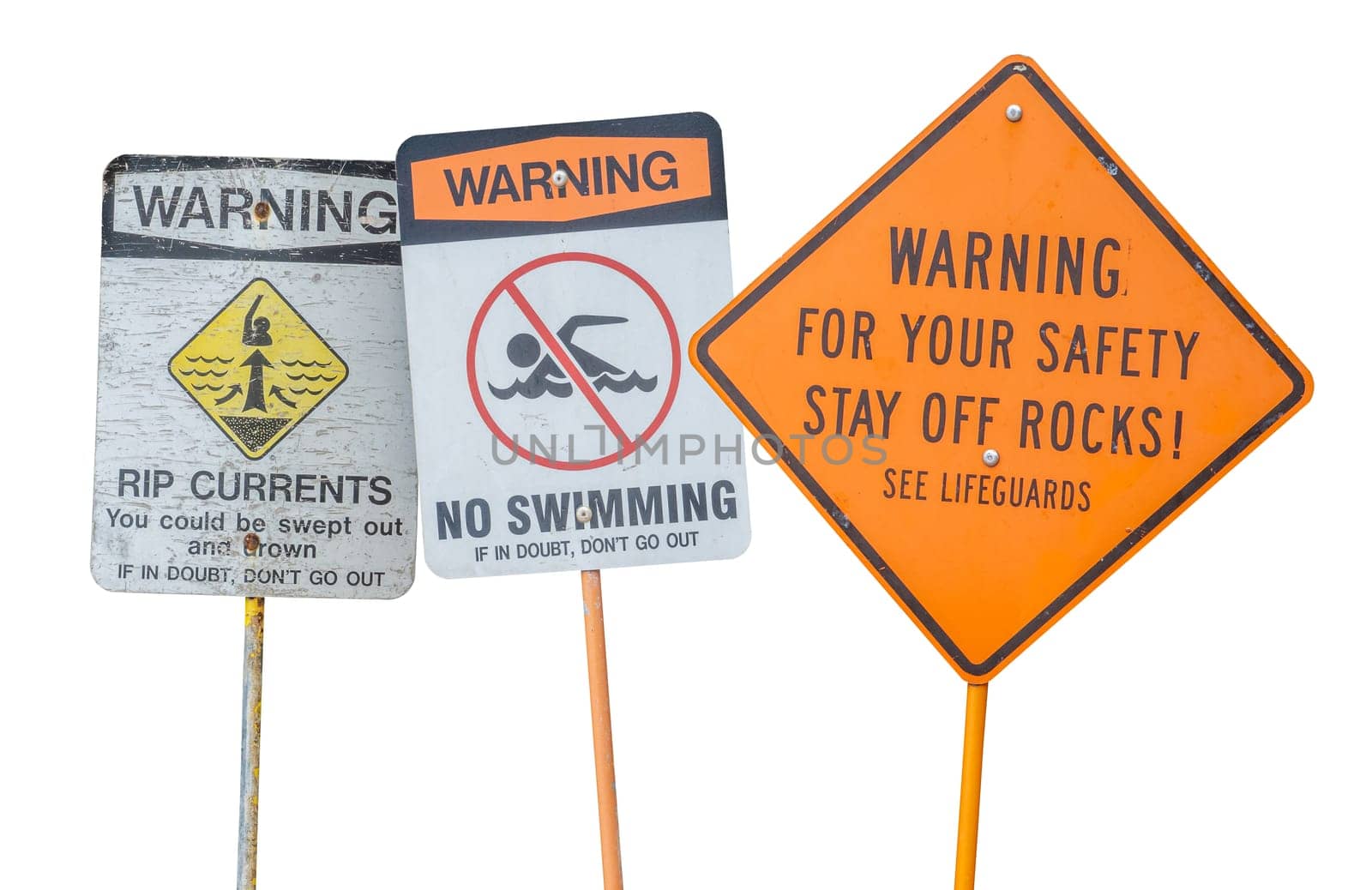 A Collection Of Water Safety Warning Signs, As Seen At A Beach Or Lake Or River, Isolated On A White Background