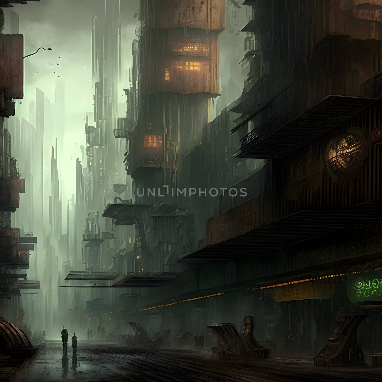 grim dystopian futuristic city at foggy night, neural network generated art. Digitally generated image. Not based on any actual person, scene or pattern.