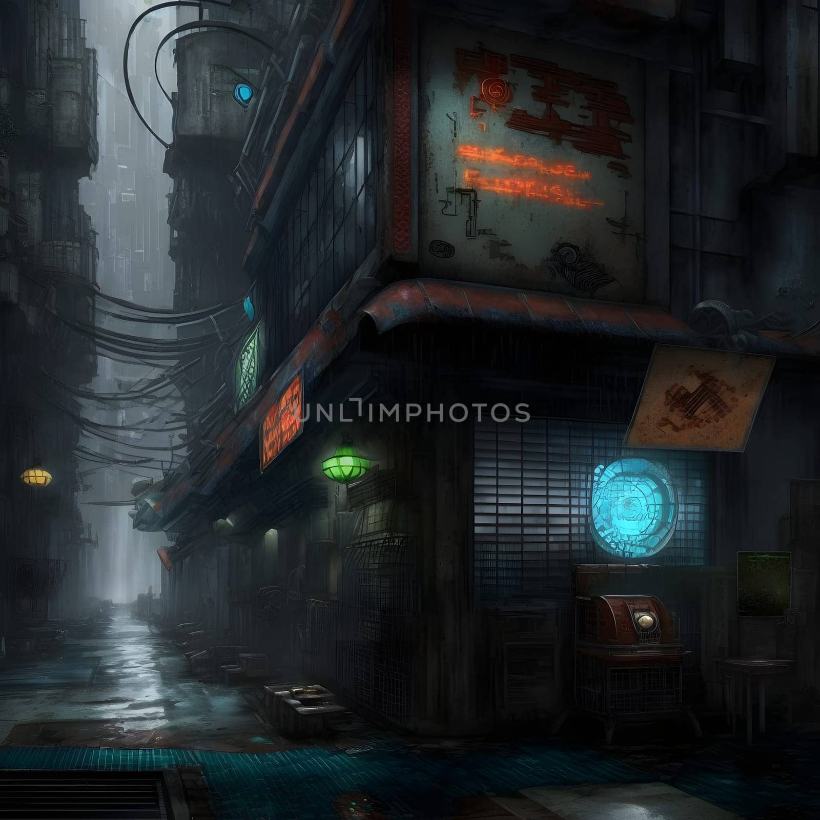 grim dystopian futuristic city street at foggy night, neural network generated art. Digitally generated image. Not based on any actual person, scene or pattern.