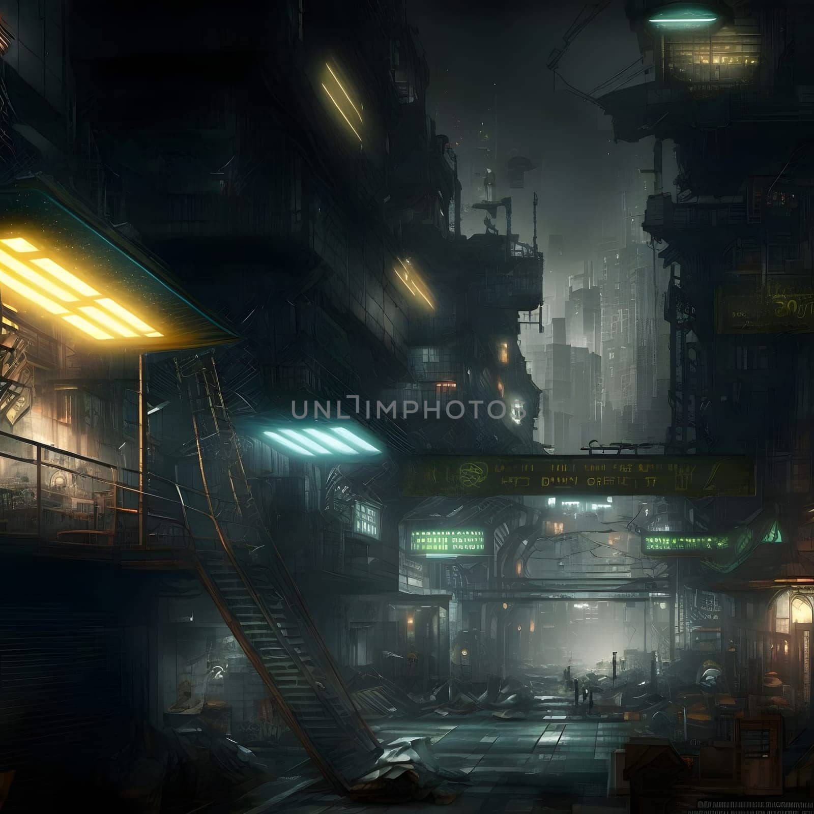 grim dystopian futuristic city street at foggy night, neural network generated art. Digitally generated image. Not based on any actual person, scene or pattern.