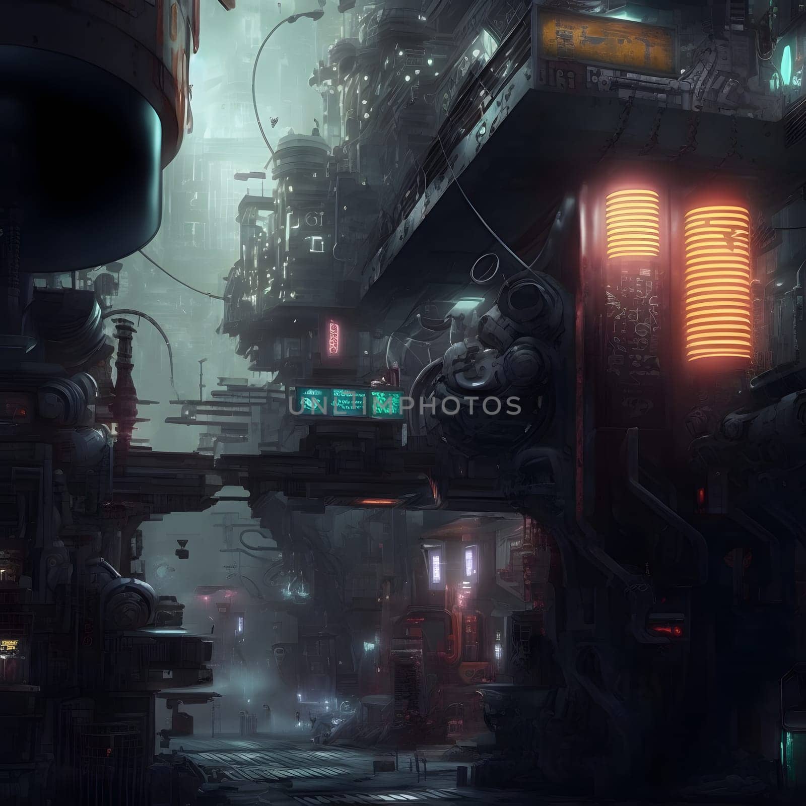 grim dystopian futuristic city street at foggy night, neural network generated art. Digitally generated image. Not based on any actual person, scene or pattern.