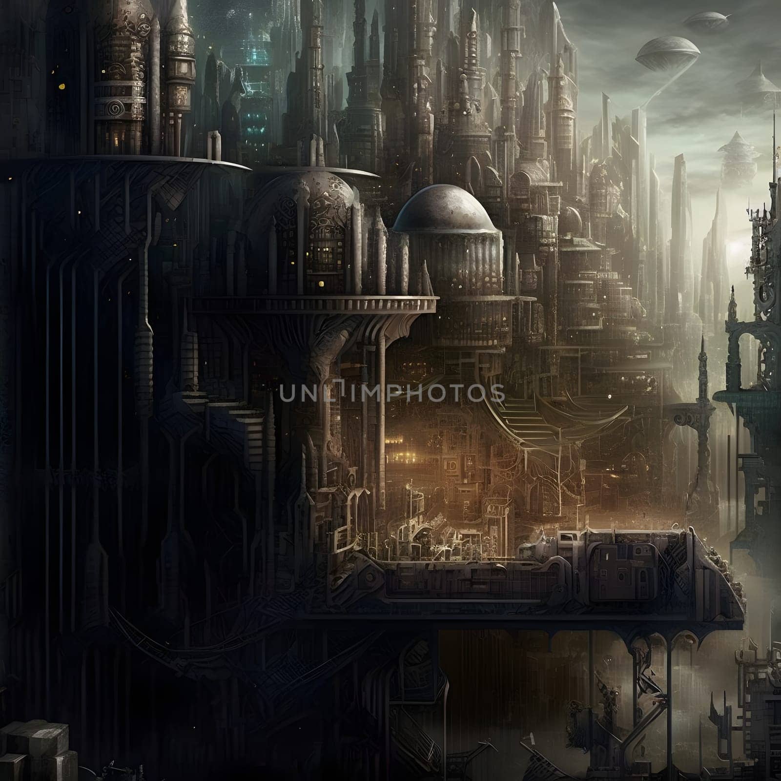 grim dystopian futuristic city at foggy night, neural network generated art. Digitally generated image. Not based on any actual person, scene or pattern.