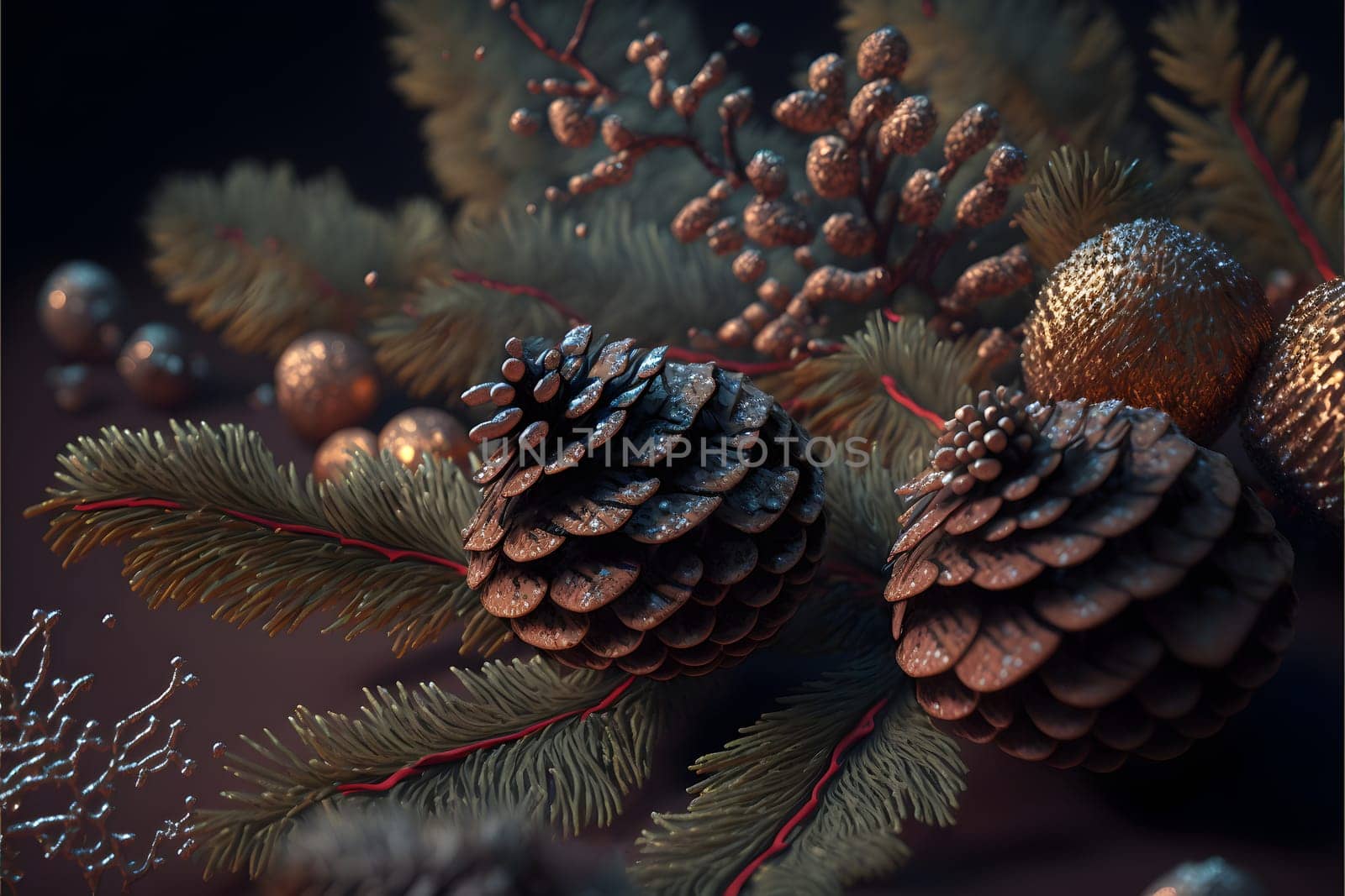 Christmas background with fir cones and spruce tree branch, neural network generated art. Digitally generated image. Not based on any actual person, scene or pattern.