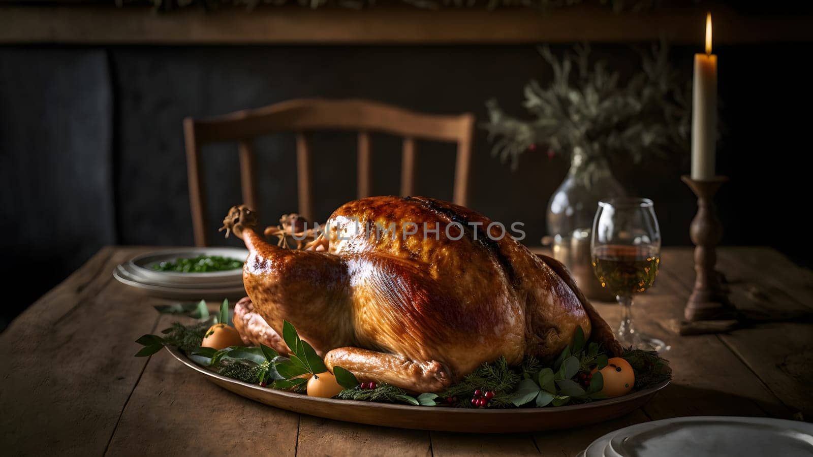 roasted turkey served on table with glass of wine and candle, neural network generated art. Digitally generated image. Not based on any actual person, scene or pattern.