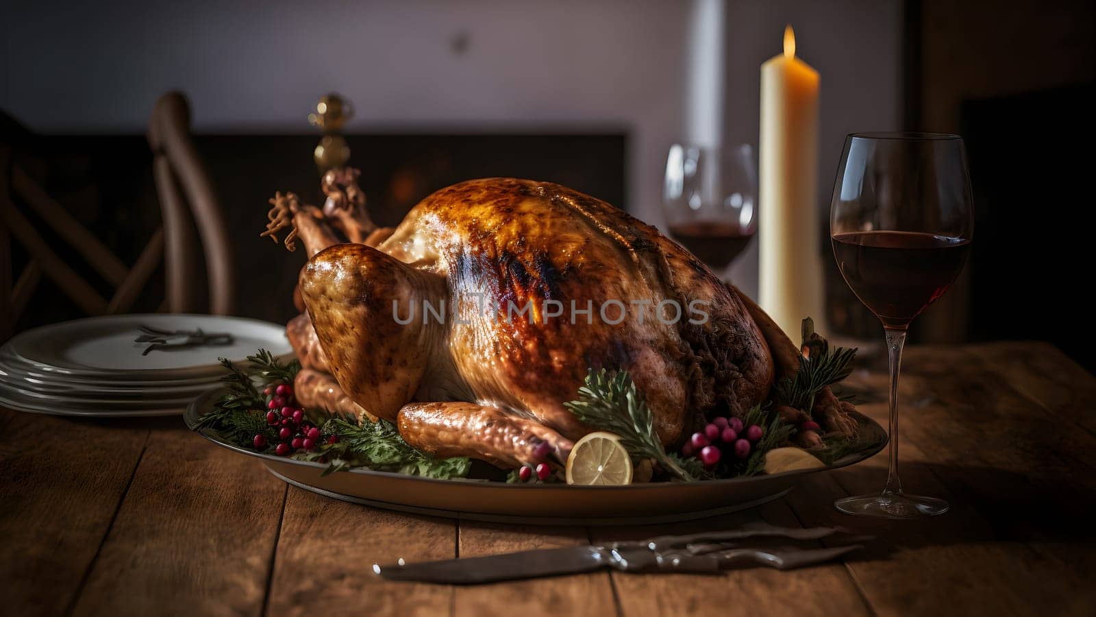 roasted turkey served on table with glass of wine and candle, neural network generated art. Digitally generated image. Not based on any actual person, scene or pattern.