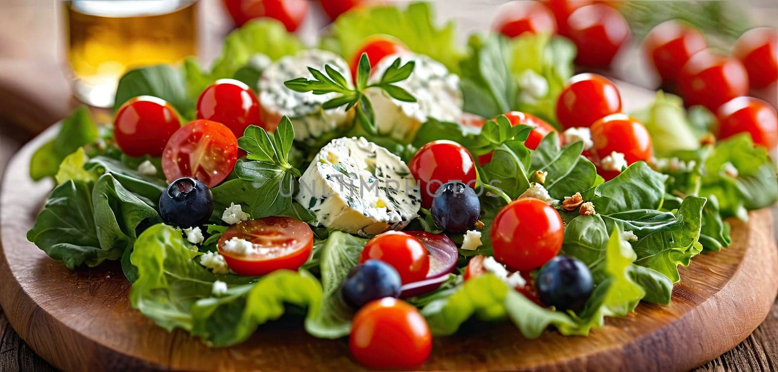 Goat cheese salad wit tomatoes on rustic wooden table. Fresh greens mingle with cheese, farm-to-table freshness of organic produce by panophotograph