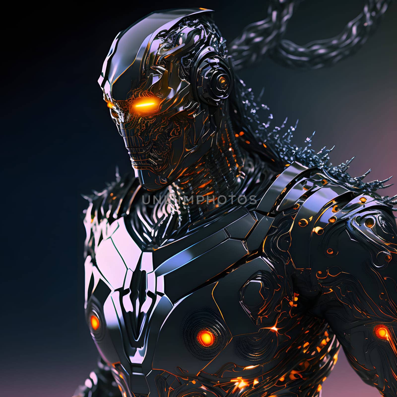 fantastic cyborg ninja in futuristic hight-tech armor, closeup portrait, neural network generated art. Digitally generated image. Not based on any actual person, scene or pattern.