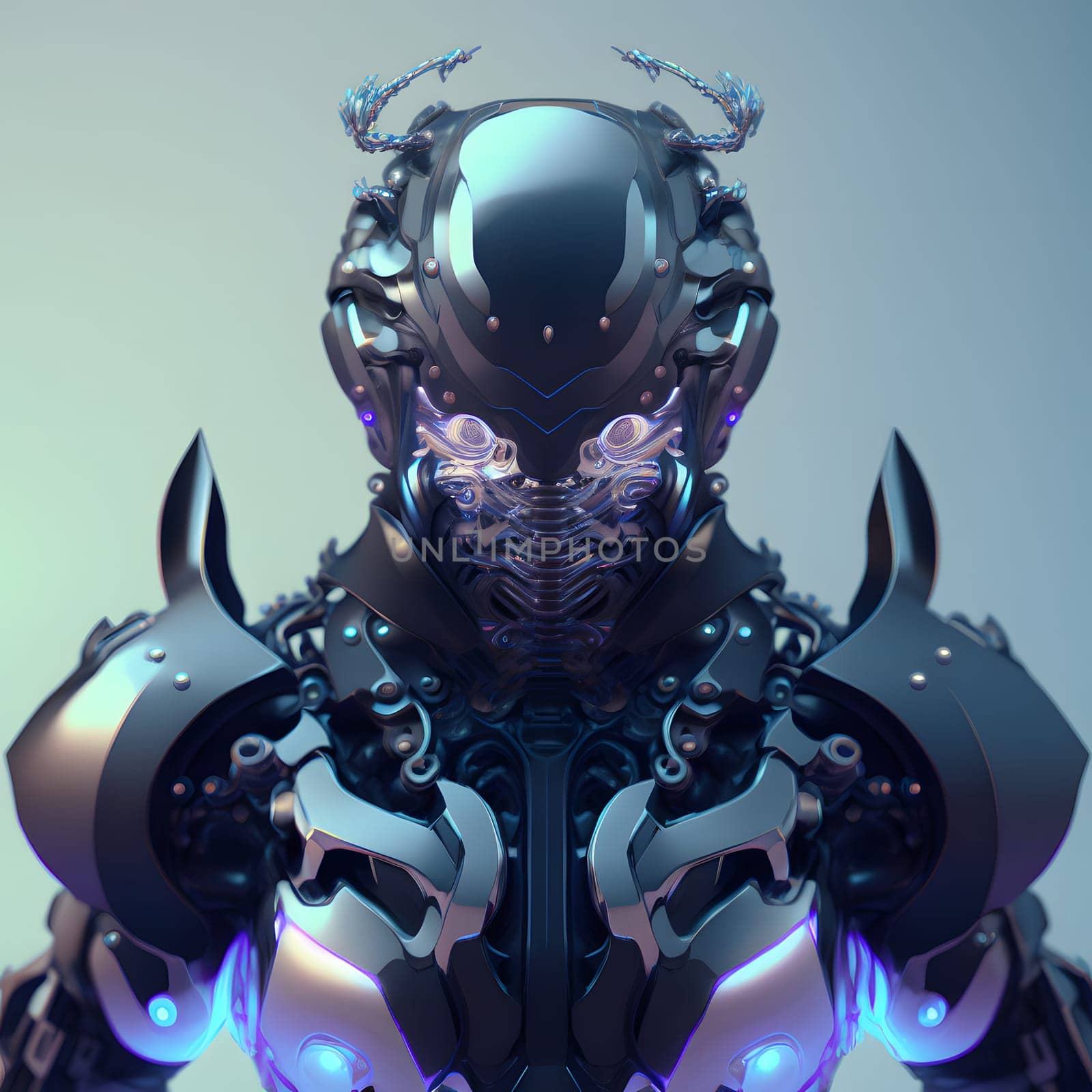 fantastic cyborg ninja in futuristic hight-tech armor, closeup portrait, neural network generated art. Digitally generated image. Not based on any actual person, scene or pattern.
