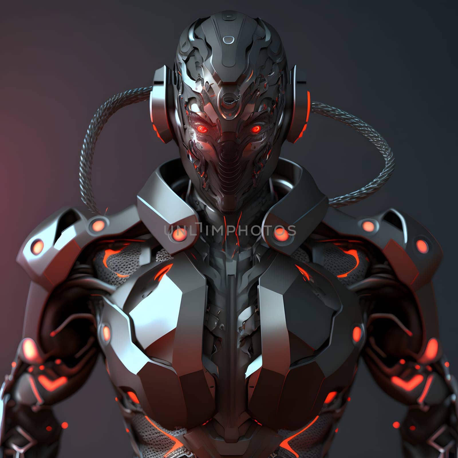 fantastic cyborg ninja in futuristic hight-tech armor, closeup portrait, neural network generated art. Digitally generated image. Not based on any actual person, scene or pattern.