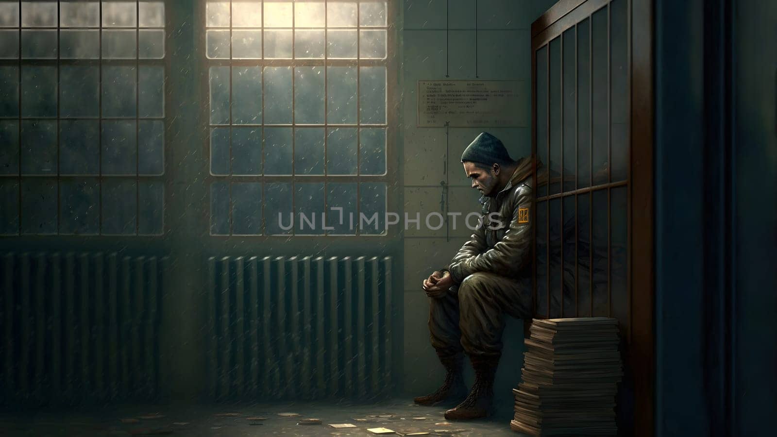 guard officer in stereotypical russian jail, neural network generated art. Digitally generated image. Not based on any actual person, scene or pattern.