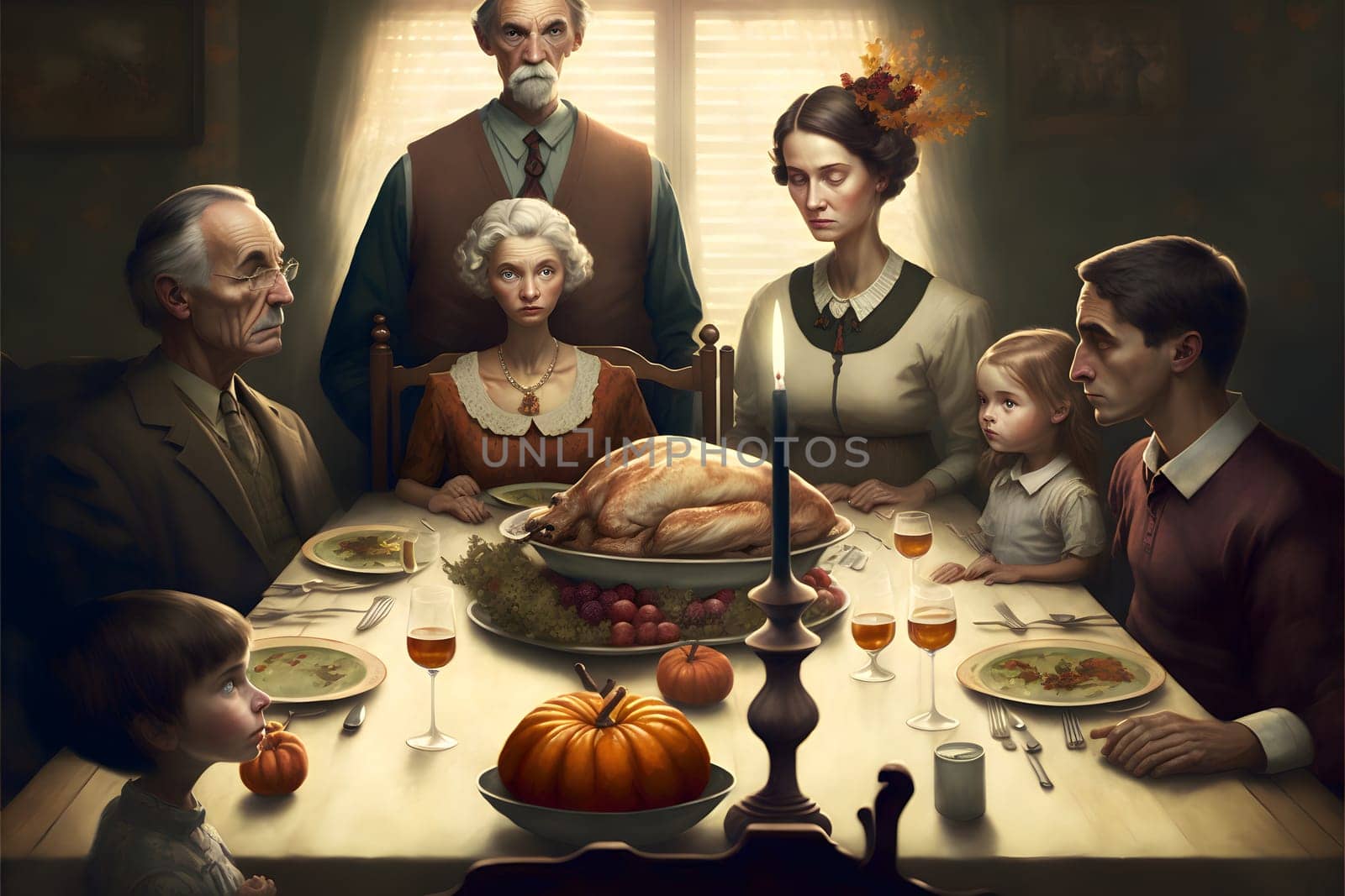 creepy family at thanksgiving table with served roasted turkey, neural network generated art. Digitally generated image. Not based on any actual person, scene or pattern.