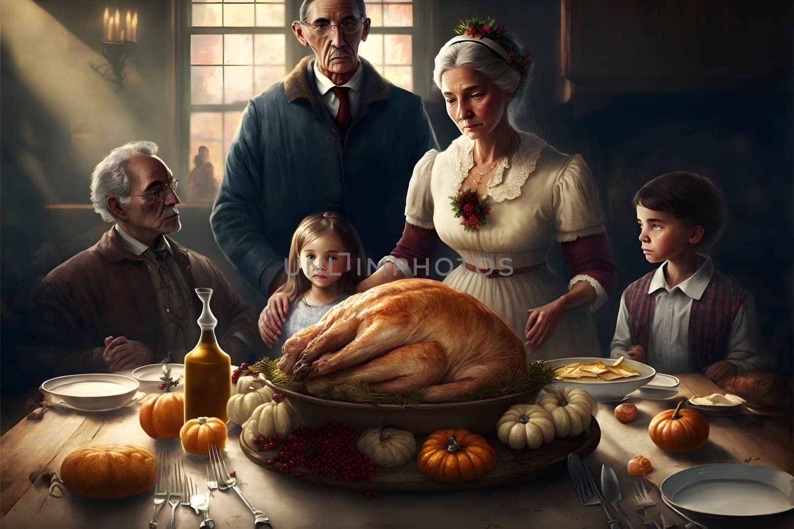 creepy family at thanksgiving table with served roasted turkey, neural network generated art. Digitally generated image. Not based on any actual person, scene or pattern.