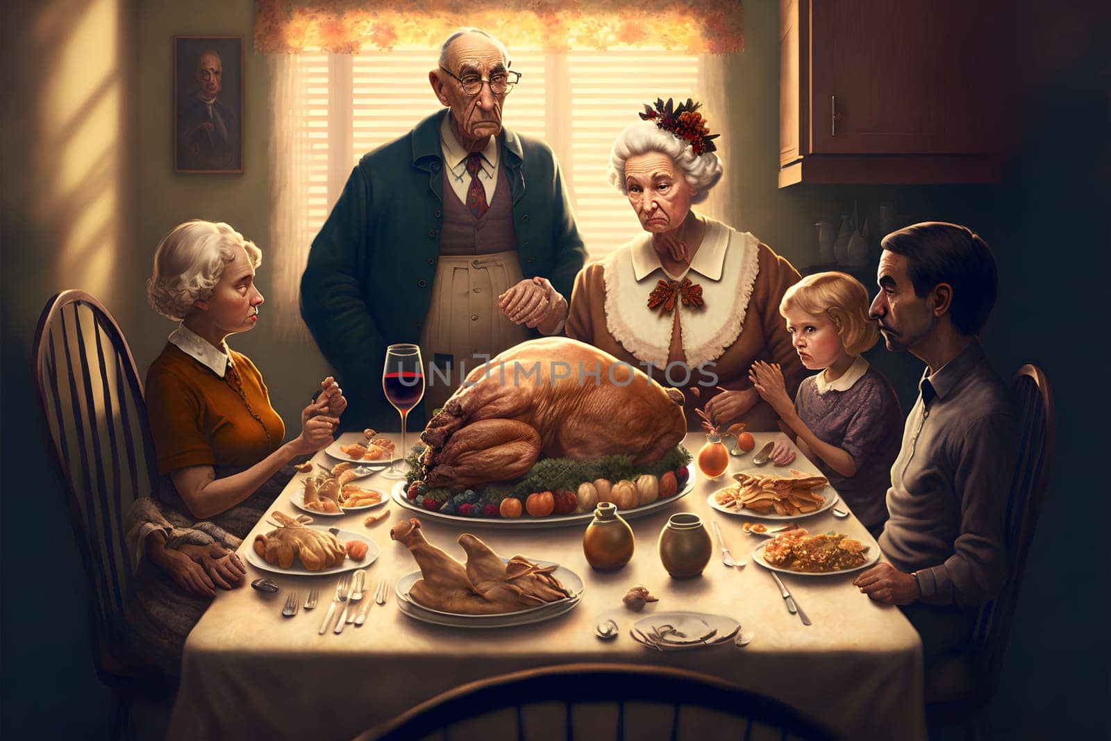 creepy family at thanksgiving table with served roasted turkey, neural network generated art. Digitally generated image. Not based on any actual person, scene or pattern.