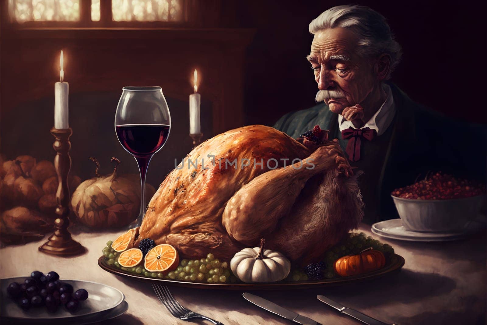 creepy old man at thanksgiving table with served roasted turkey, neural network generated art. Digitally generated image. Not based on any actual person, scene or pattern.