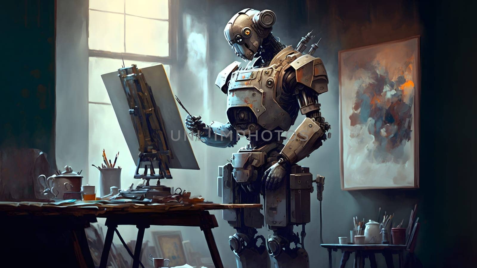 robot artist in the studio next to his easel, painting and paints while working, neural network generated art. Digitally generated image. Not based on any actual person, scene or pattern.