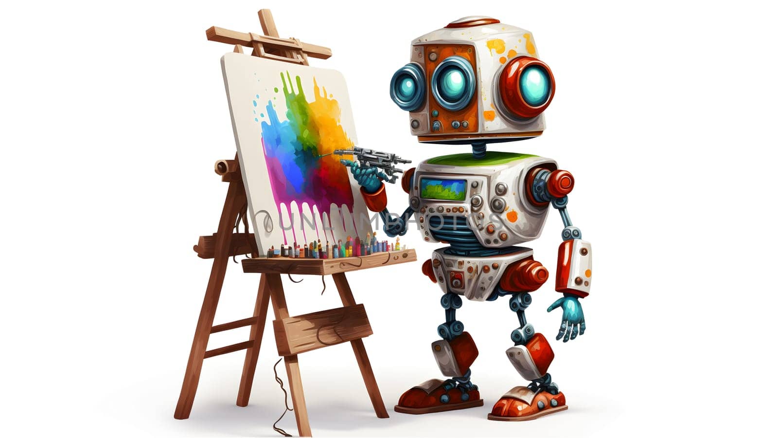 friendly robot artist in the studio next to his easel, painting and paints on white background, neural network generated art. Digitally generated image. Not based on any actual person, scene or pattern.