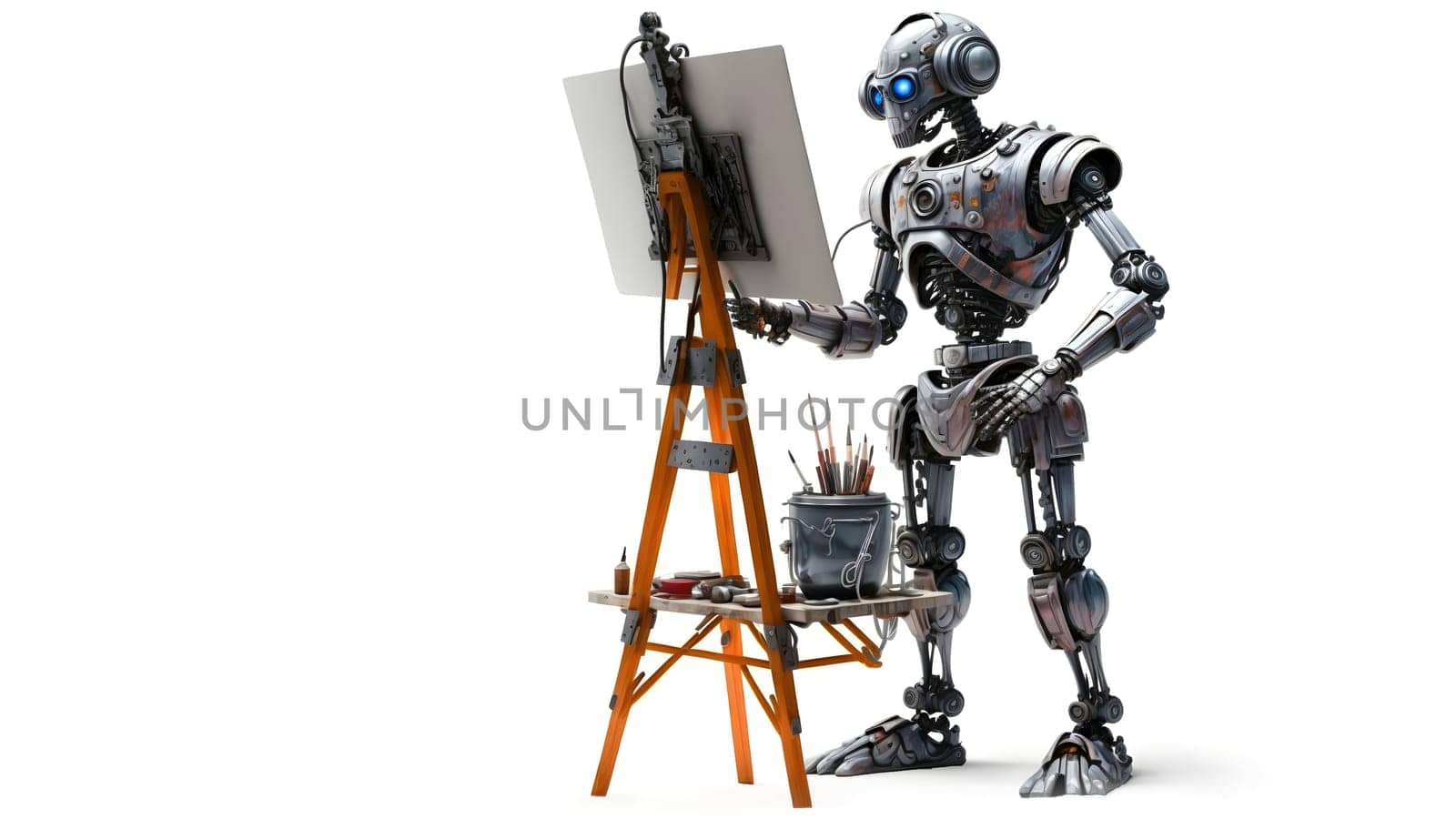 friendly robot artist in the studio next to his easel, painting and paints on white background, neural network generated art. Digitally generated image. Not based on any actual person, scene or pattern.