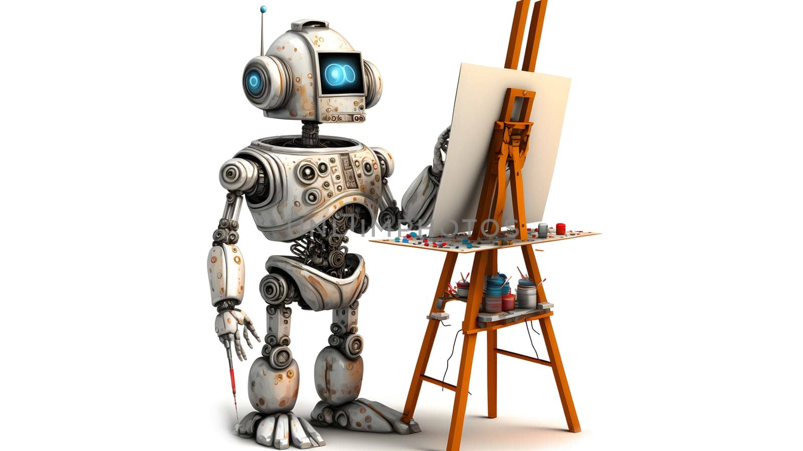 friendly robot artist in the studio next to his easel, painting and paints on white background, neural network generated art. Digitally generated image. Not based on any actual person or scene.