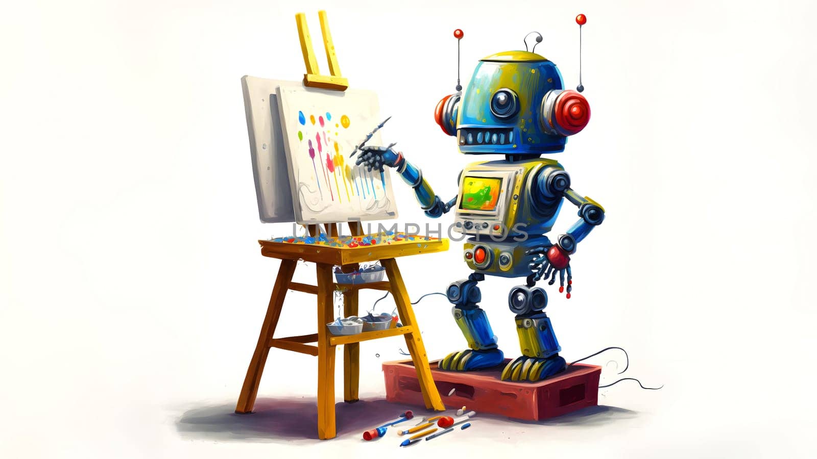 friendly robot artist in the studio next to his easel, painting and paints on white background, neural network generated art. Digitally generated image. Not based on any actual person or scene.