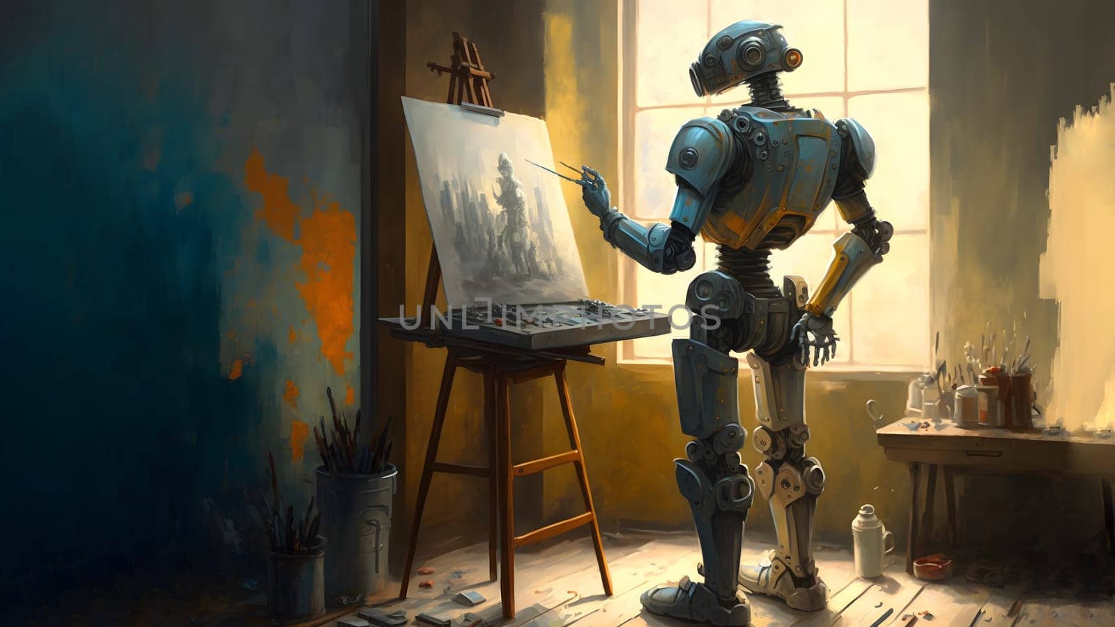 robot artist in the studio next to his easel, painting and paints while working, neural network generated art. Digitally generated image. Not based on any actual person, scene or pattern.