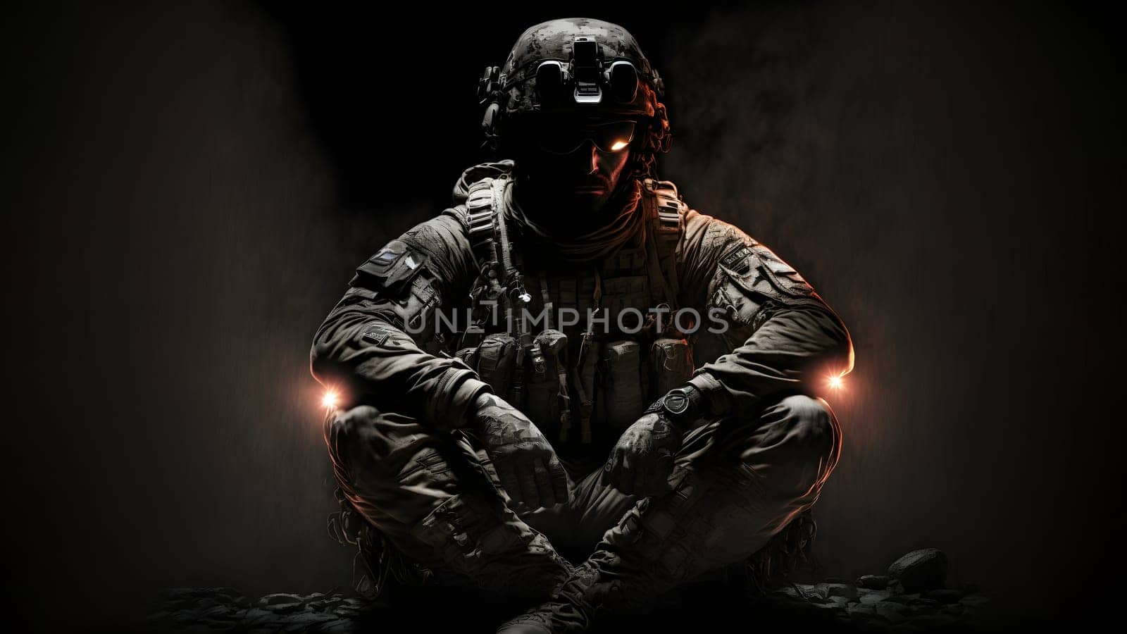 soldier in camouflaged uniform, helmet and gloves sitting on dark background with dramatic light, neural network generated art. Not based on any actual person, scene or pattern.