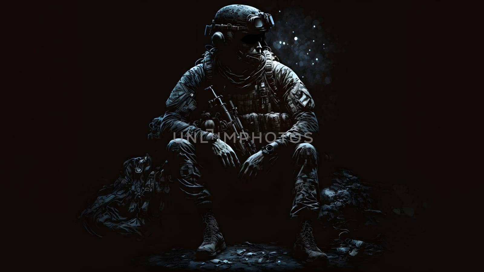 soldier in camouflaged uniform, helmet and gloves sitting on dark background with dramatic light, neural network generated art. Not based on any actual person, scene or pattern.